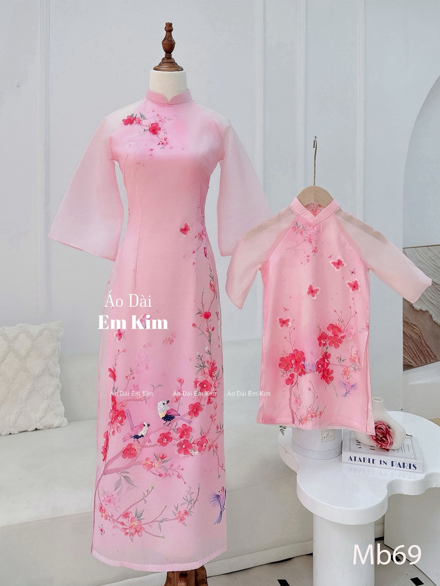 Pink floral Ao Dai |Bảng mẫu mẹ và bé| Ao Dai Me va Be modern silk organza| | Lunar New Year| MB69