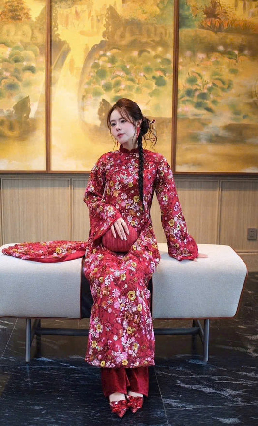 KIM SA RED dâu Ao Dài Cách Tân B46