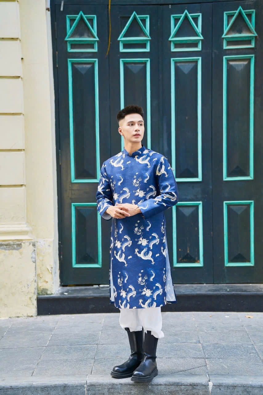 Ao Dai Men|Blue Dragon embroidery ao dai for men tapta(No pants included) Lunar New Year | Vietnamese traditional   ADN21