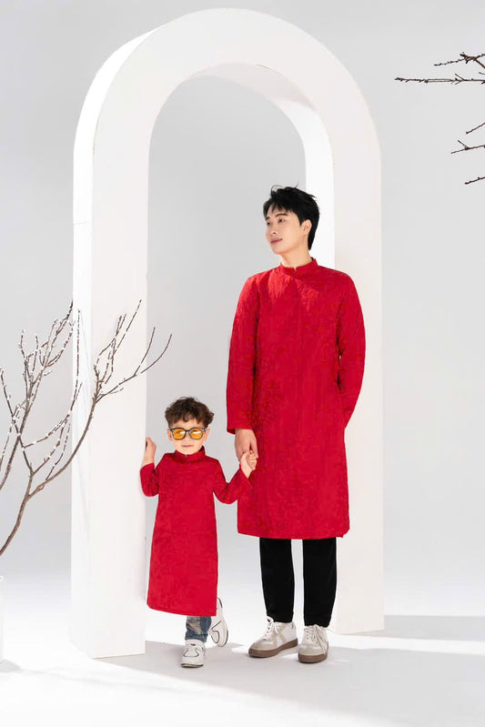 Red Embroidery Dad and Boy Ao dai  NO PANTS| Ao Dai Kids| Pre-made Traditional Vietnamese Ao Dai | Lunar New Year | Ao Dai for Boy |ADN17