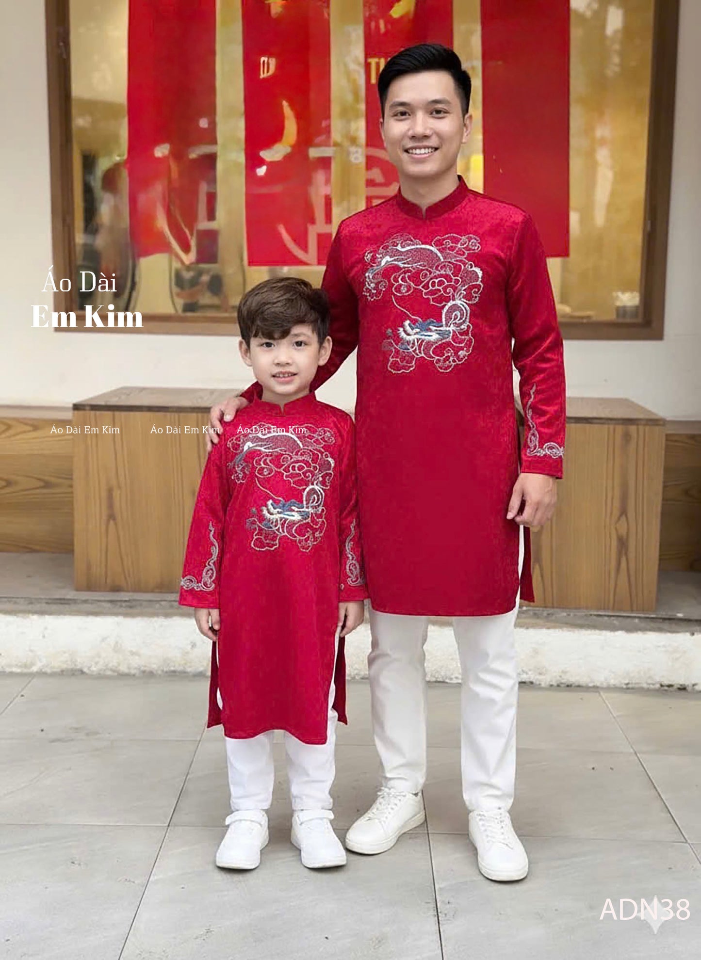 Red  Rong TH Embroidery Dad and Boy Ao dai  NO PANTS| Ao Dai Kids| Pre-made Traditional Vietnamese Ao Dai | Lunar New Year | Ao Dai for Boy |ADN38