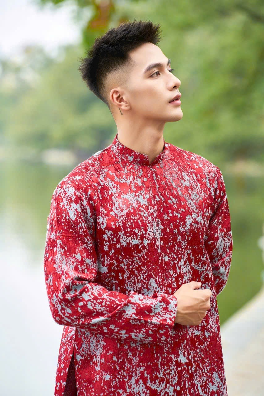 Red Ao Dai Men|printed  ao dai for men tapta(No pants included) Lunar New Year | Vietnamese traditional   ADN24