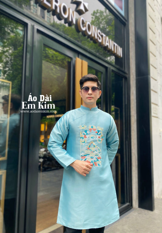 Ao Dai Men| Blue embroidery ao dai for men tapta(No pants included) Lunar New Year | Vietnamese traditional   ADN16