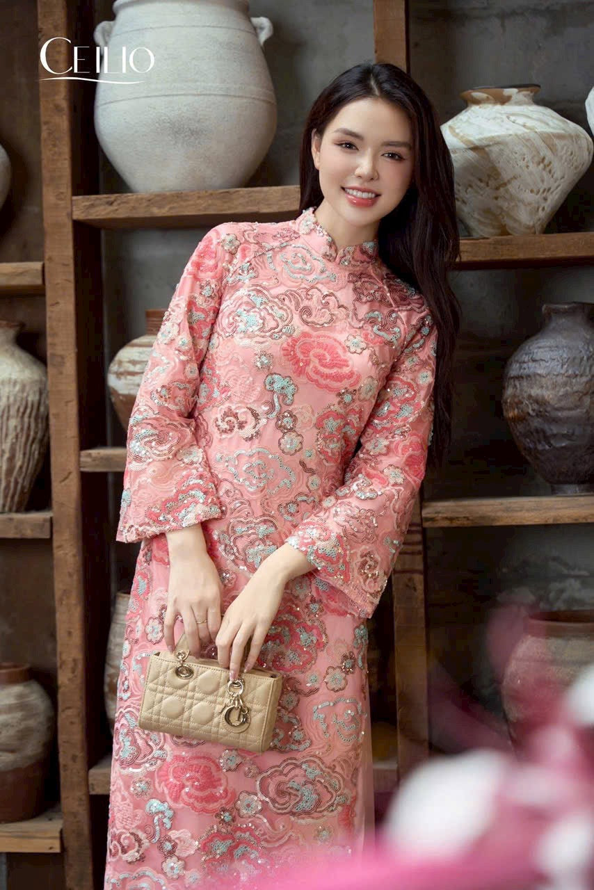 KIM SA hồng dâu Ao Dài Cách Tân B45