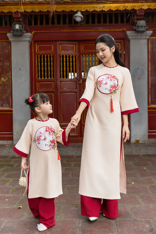 Cream Mommy and me matching ao dai set for women and girl| Ao Dai Me va Be modern silk organza| | Lunar New Year| MB64