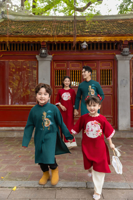 Red Green Family Matching Ao Dai , Pre-made Modernized Vietnamese Ao Dai, Ao Dai Lunar New Year/Matching Ao Dai Tet|GD50