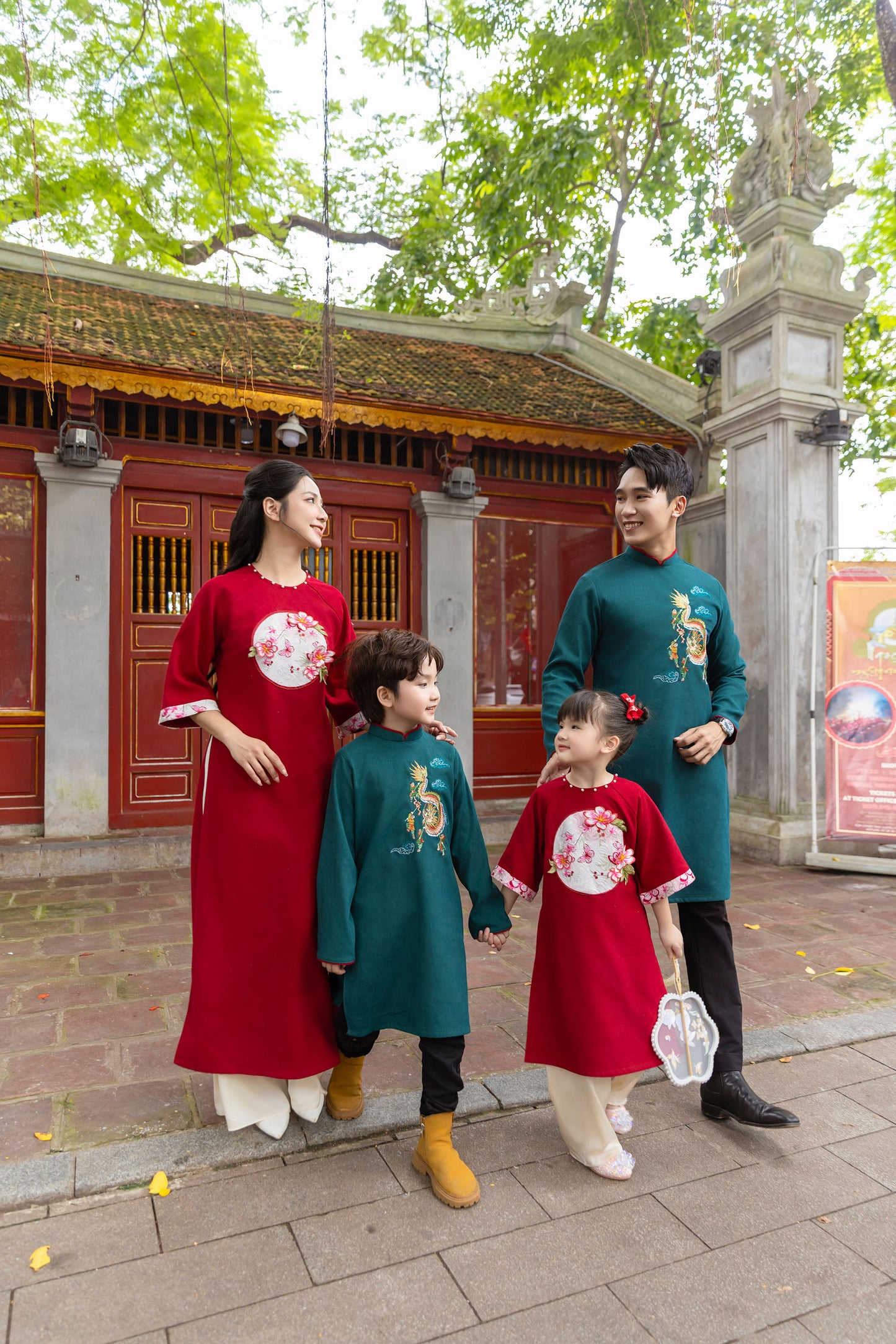 Red Green Family Matching Ao Dai , Pre-made Modernized Vietnamese Ao Dai, Ao Dai Lunar New Year/Matching Ao Dai Tet|GD50