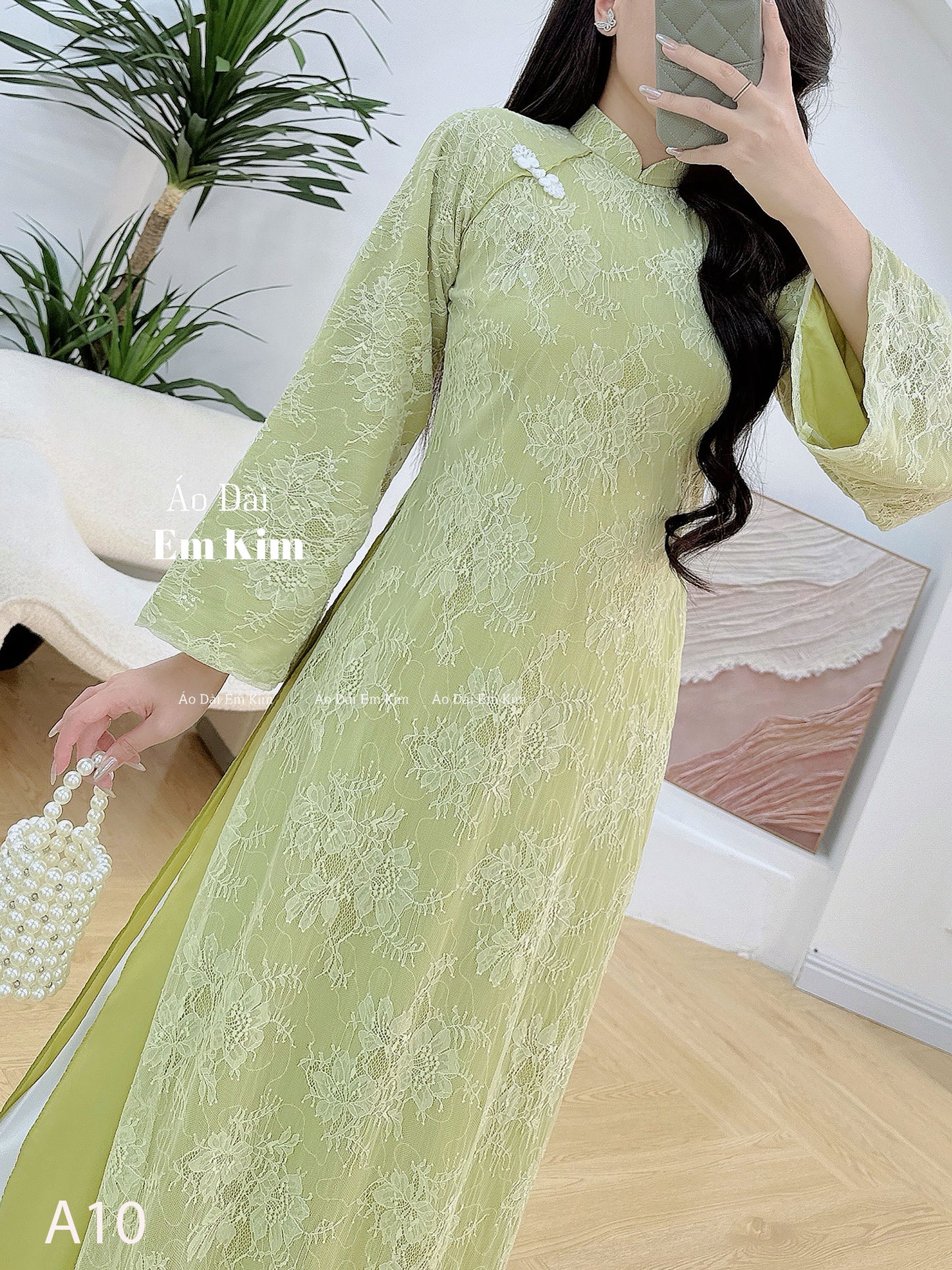 Green Lace loose form Ao Dai - NO Pants - A10