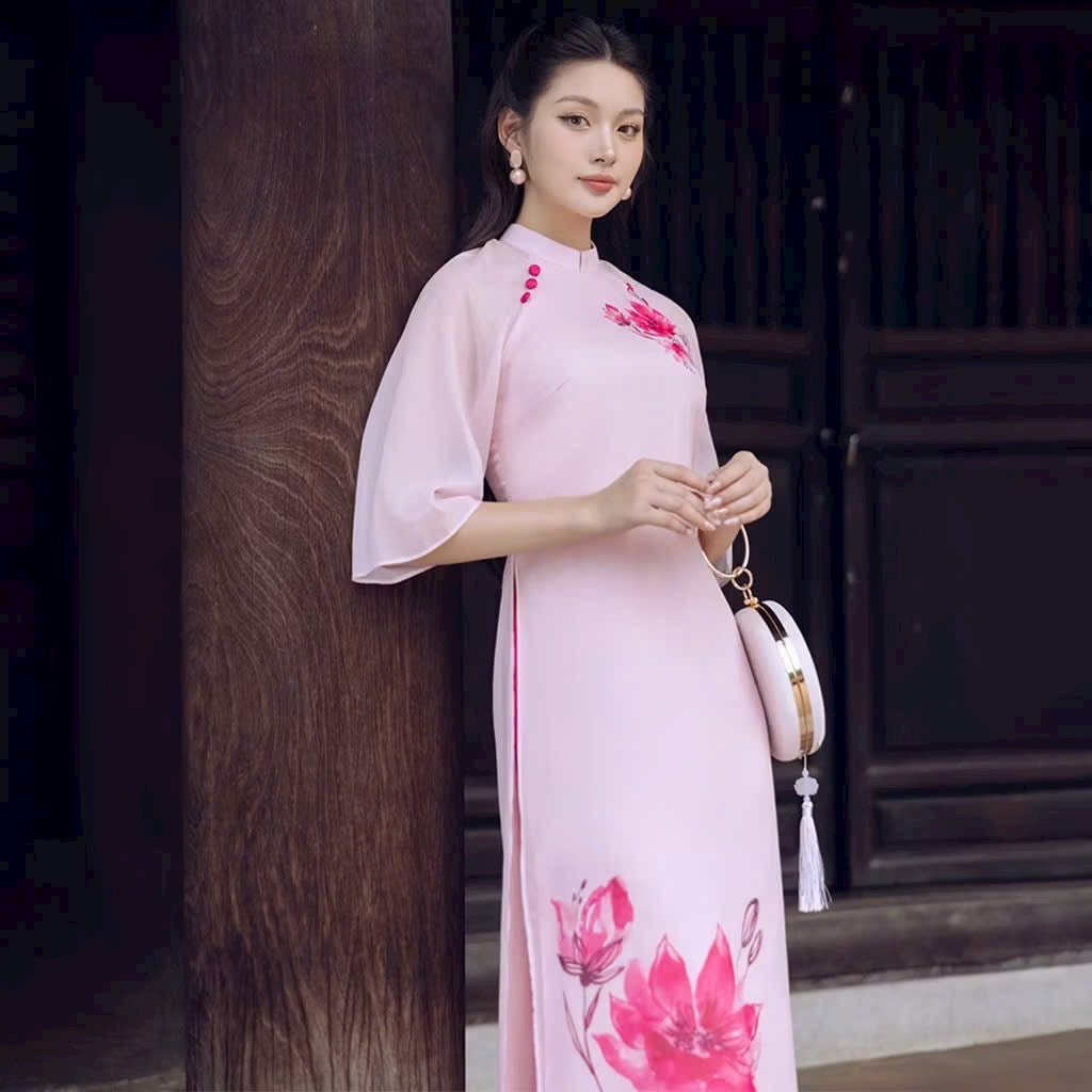 Pink watercolor flowers  print design Ao Dai Vietnam  P05