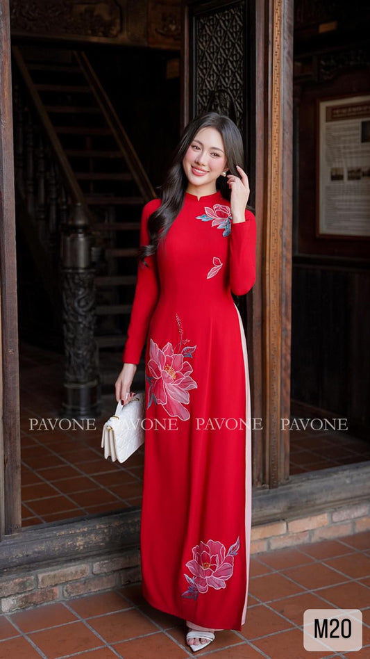 Flowers Embroidery Lua Mỹ red Ao Dai|M20