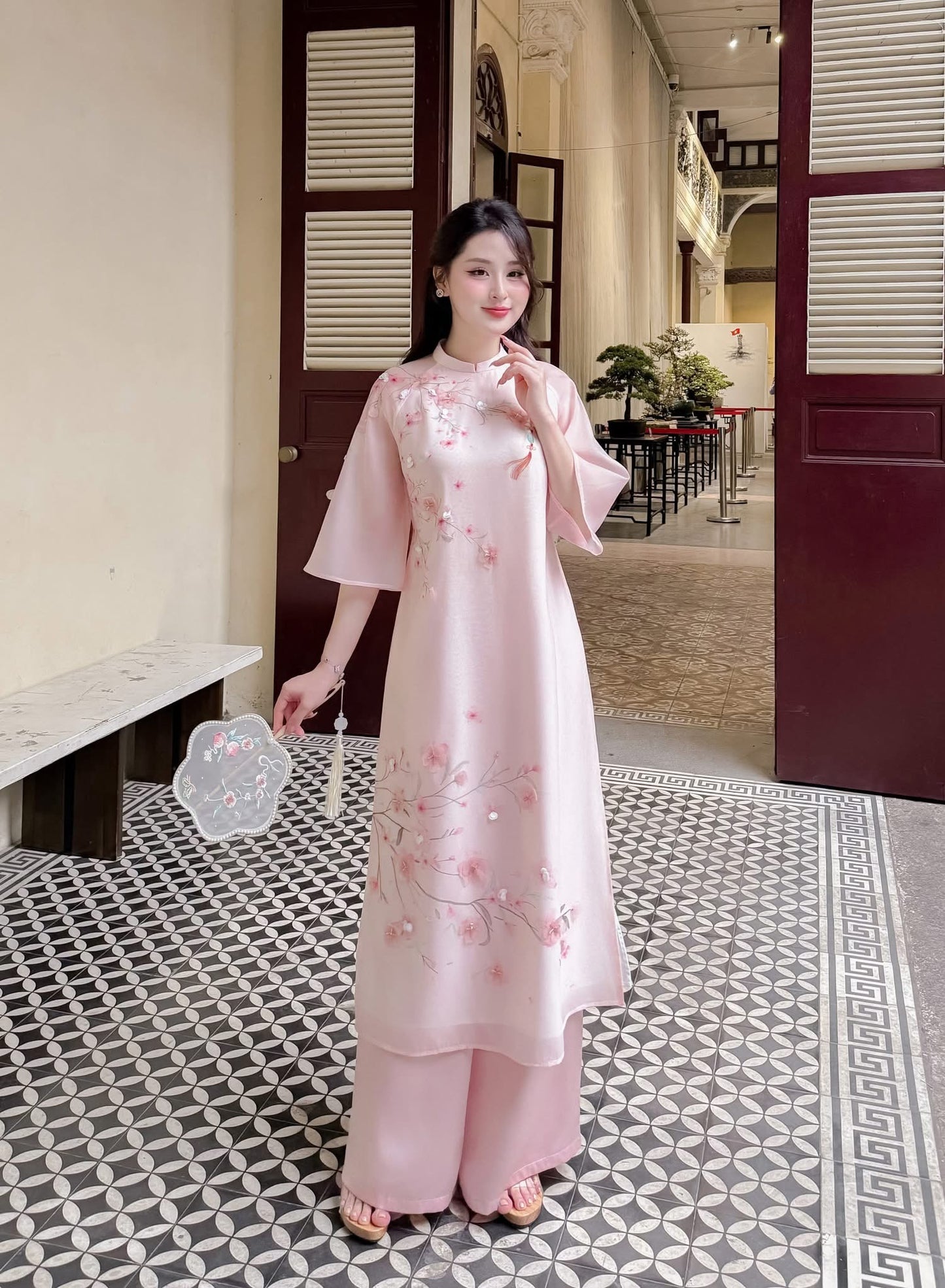 Pink   flowers Ao Dai| Pre-made Vietnamese Dress for Lunar New Year Ao Dai Viet Nam|Ao Dai Cach Tan with Pants Q23