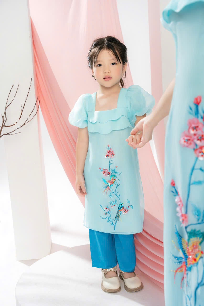 Blue Mommy and me matching ao dai set for women and girl| Ao Dai Me va Be modern silk organza| | Lunar New Year| MB55