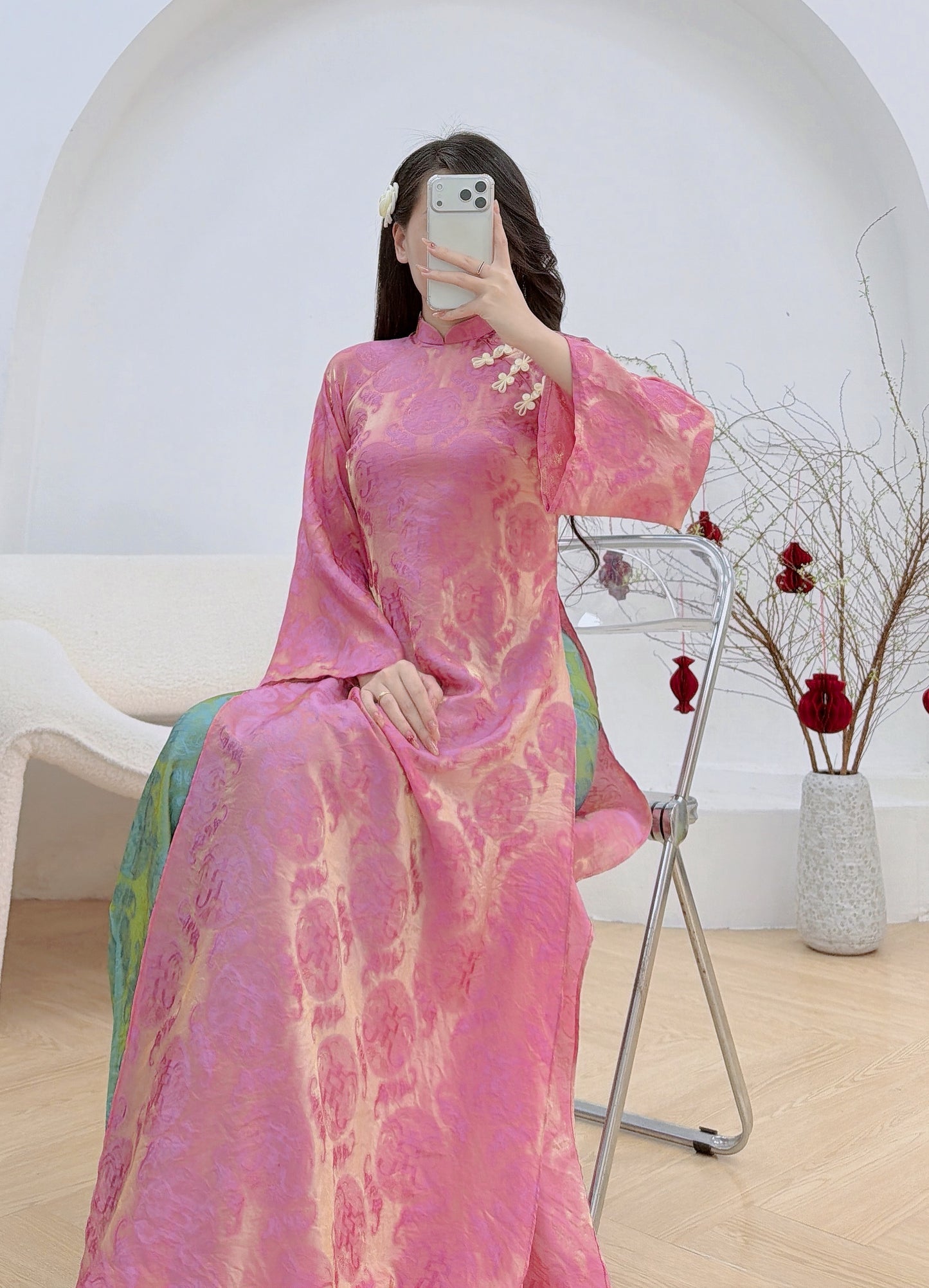 Gấm Thọ óng Pink  with gấm pants B49