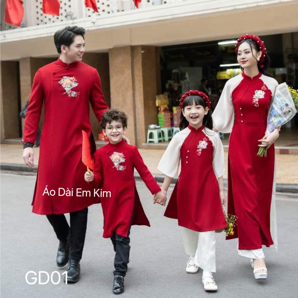 Family Red Embroidery modern matching Ao Dai, Pre-made Modernized Vietnamese Ao Dai, Ao Dai Lunar New Year/Matching Ao Dai Tet|GD01