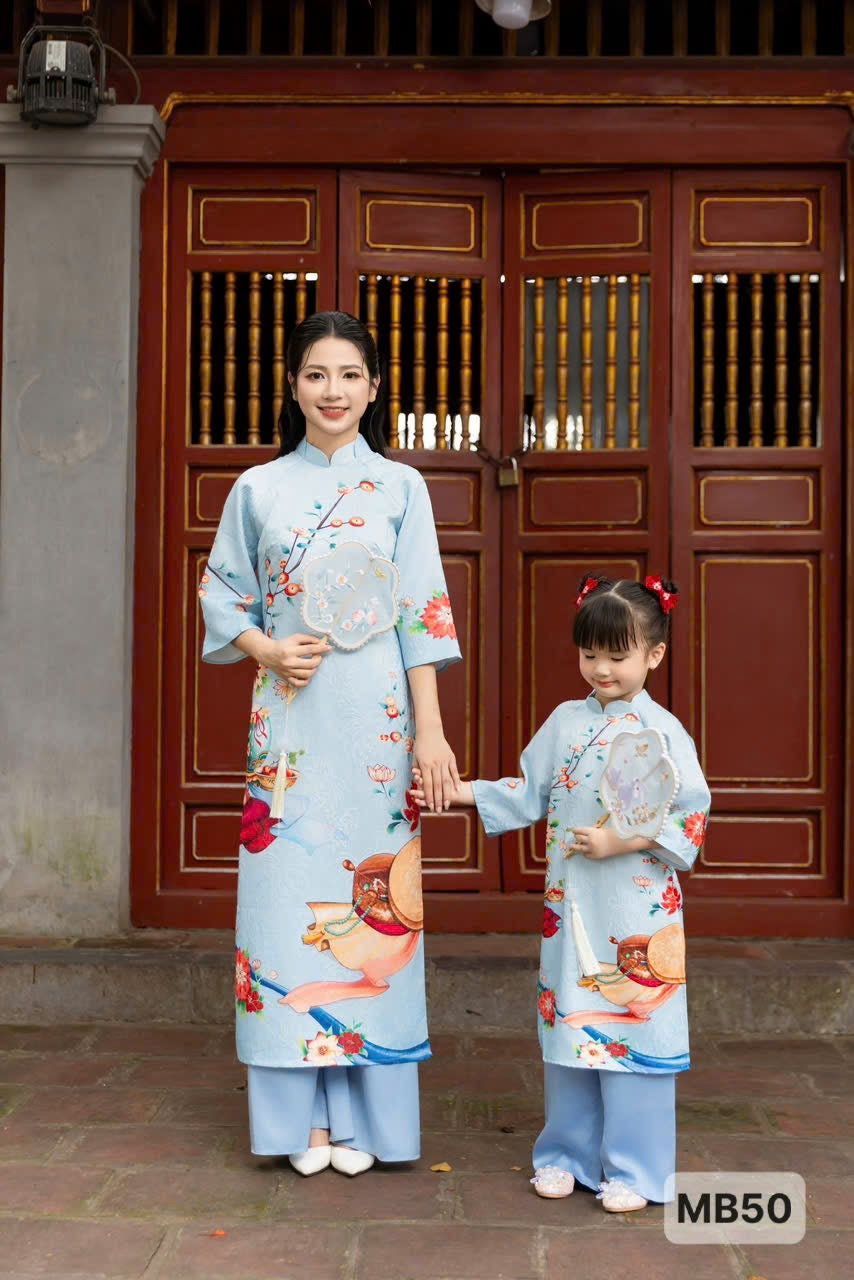 BLue  Mommy and me matching ao dai set for women and girl| Ao Dai Me va Be modern silk organza| | Lunar New Year| MB50