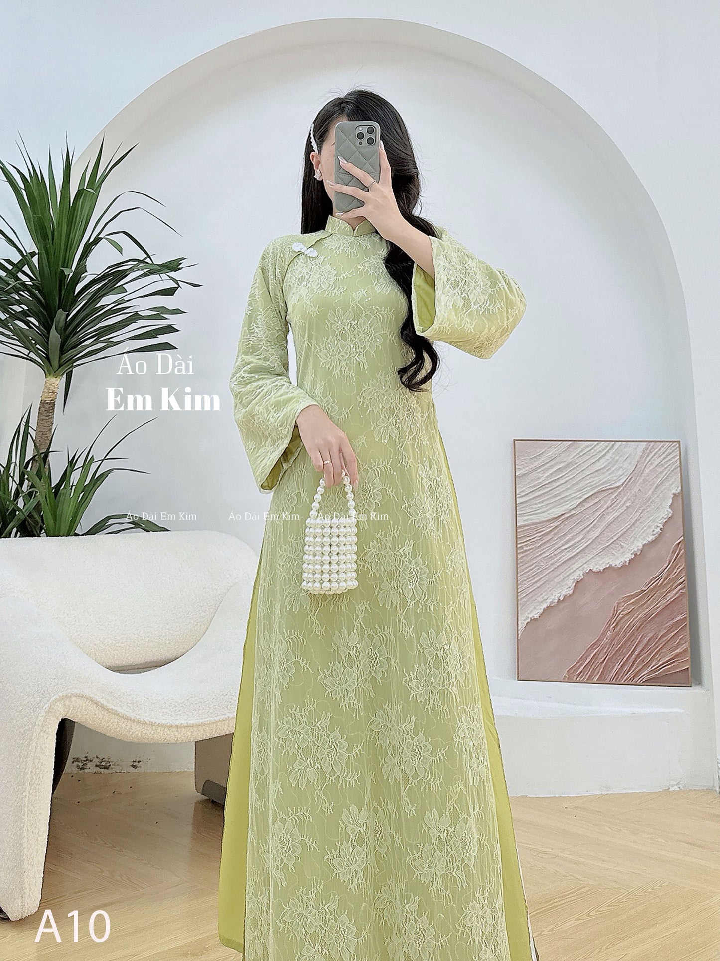 Green Lace loose form Ao Dai - NO Pants - A10