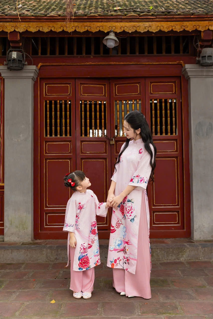 Pink Mommy and me matching ao dai set for women and girl| Ao Dai Me va Be modern silk organza| | Lunar New Year| MB52