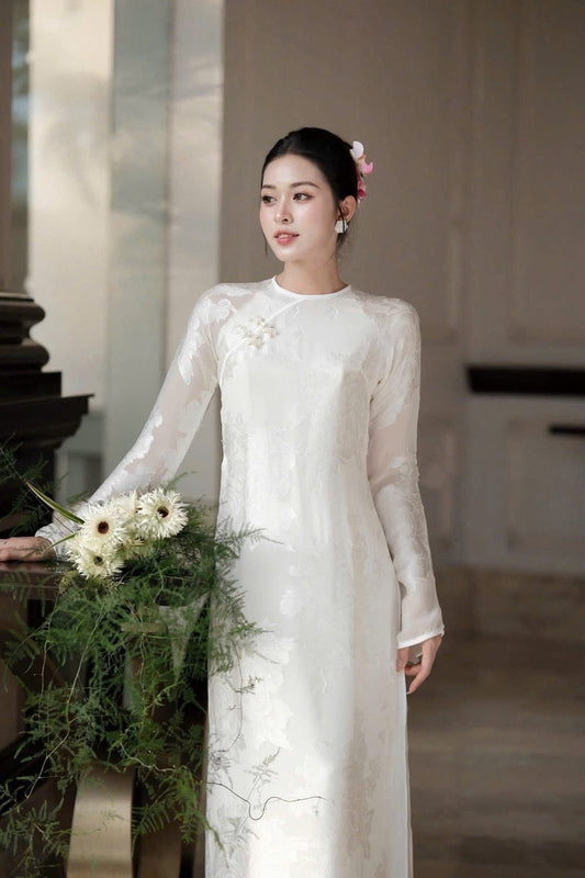 White Floral gấm modern Ao Dai  V5