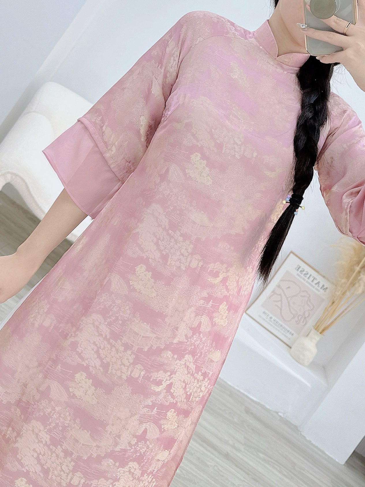 Pink/Blue Ao Dai  Modern design print silk P01