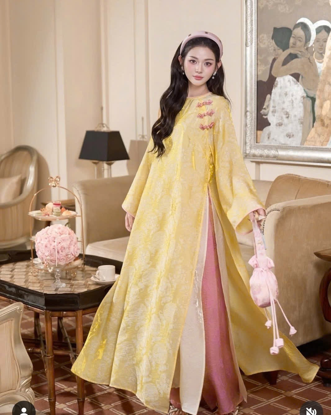 Gấm Yellow Ao Dài Cách Tân B41