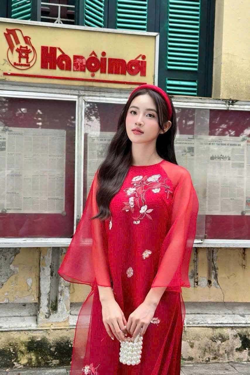 Red Ao Dai tơ đinh hoa|Red flowers New Year| Pre-made Vietnamese Dress for Lunar New Year Ao Dai Viet Nam|Ao Dai Cach Tan with Pants S08