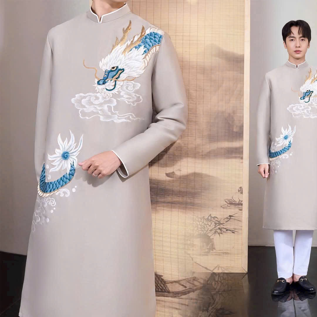 Gray dragon Ao Dai Men|  Embroidery Ao Dai for mens(No pants included) |Lunar New Year | Vietnamese traditional ADN42