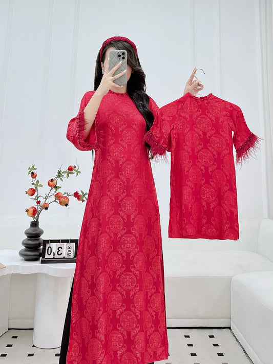 Red gấm Mommy and me matching ao dai for women and girl| Ao Dai Me va Be modern silk organza| | Lunar New Year| MB68