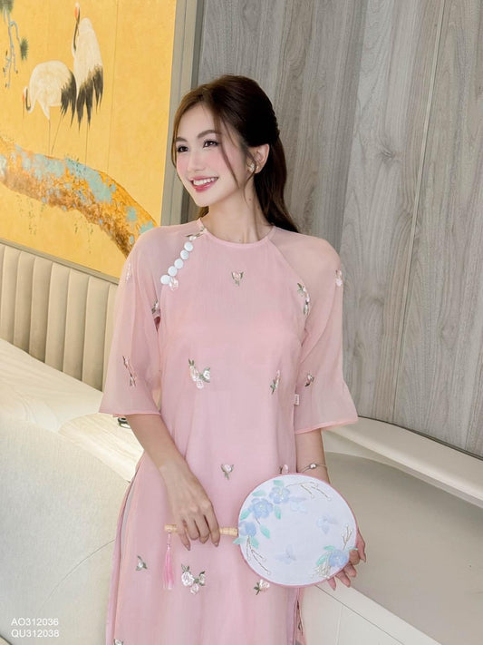 Pink Mini flowers Embroidery Silk modern Ao Dai M35