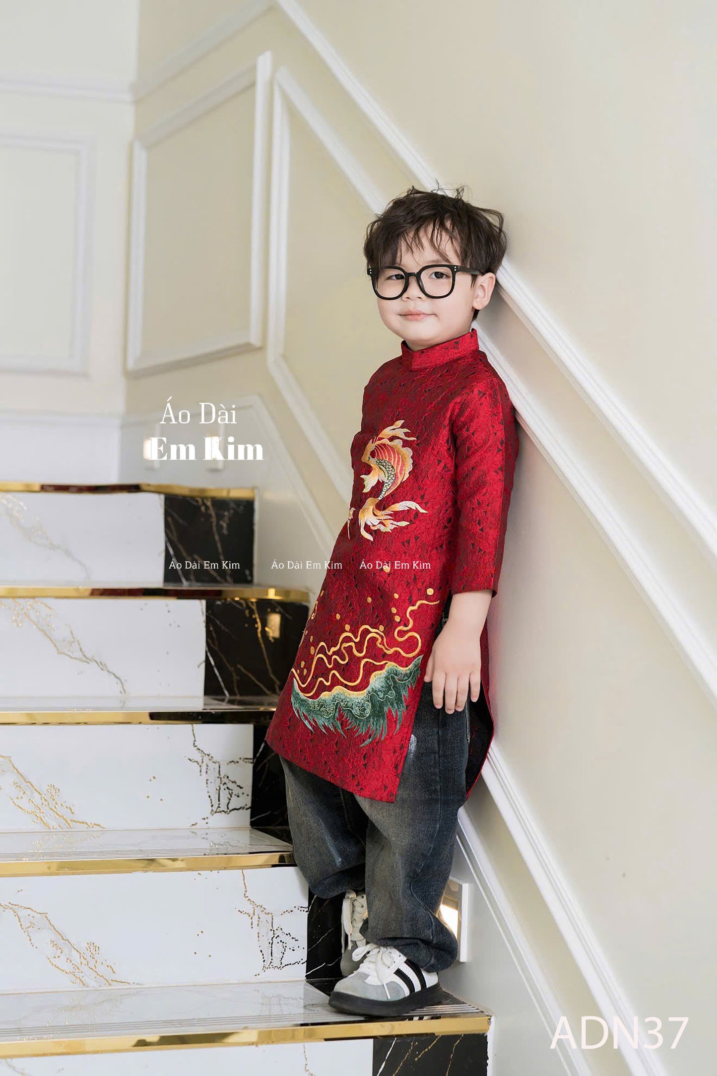 Red Embroidery Dad and Boy Ao dai  NO PANTS| Ao Dai Kids| Pre-made Traditional Vietnamese Ao Dai | Lunar New Year | Ao Dai for Boy |ADN37