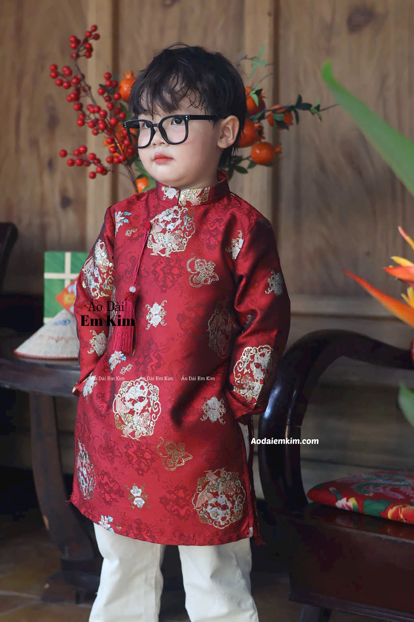 Ao Dai Boy Gấm RED ( NO PANTS)  Ao Dai Kids| | BOY13
