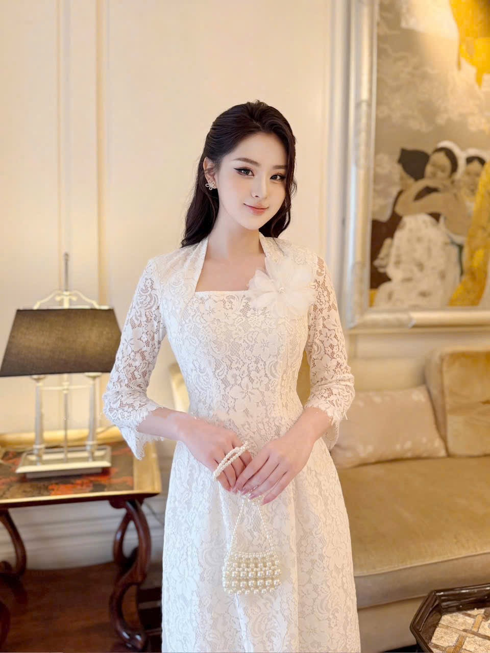 White Lace Design Ao Dai  A42