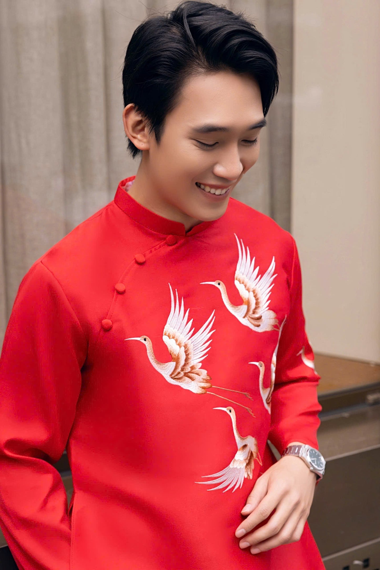 Red Embroidred Bird Ao Dai Men|  Embroidery Ao Dai for mens(No pants included) |Lunar New Year | Vietnamese traditional ADN35