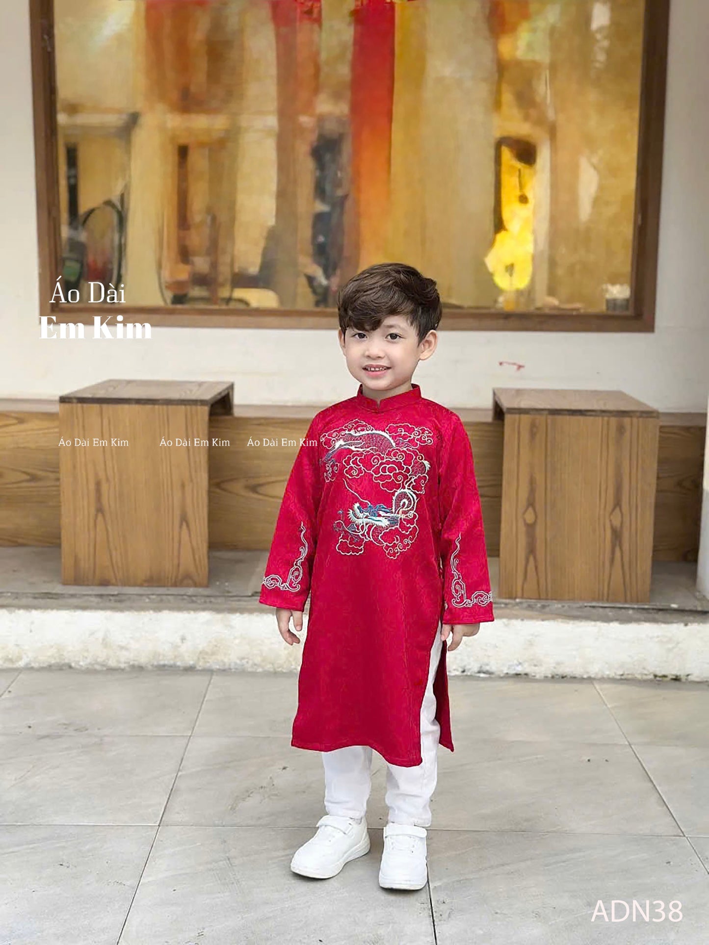 Red  Rong TH Embroidery Dad and Boy Ao dai  NO PANTS| Ao Dai Kids| Pre-made Traditional Vietnamese Ao Dai | Lunar New Year | Ao Dai for Boy |ADN38
