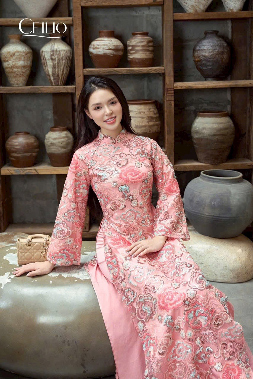 KIM SA hồng dâu Ao Dài Cách Tân B45