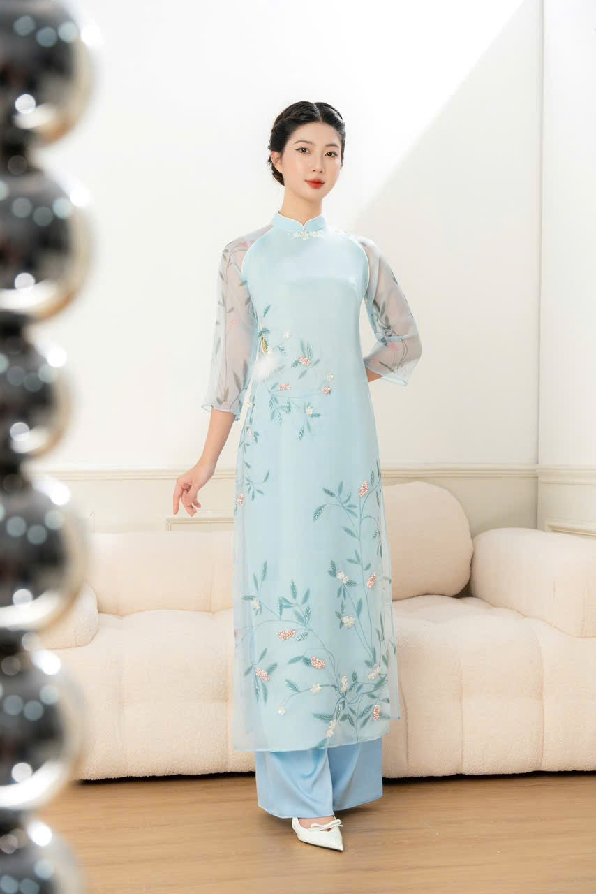 Blue Mommy and me matching ao dai set for women and girl| Ao Dai Me va Be modern silk organza| | Lunar New Year| MB53