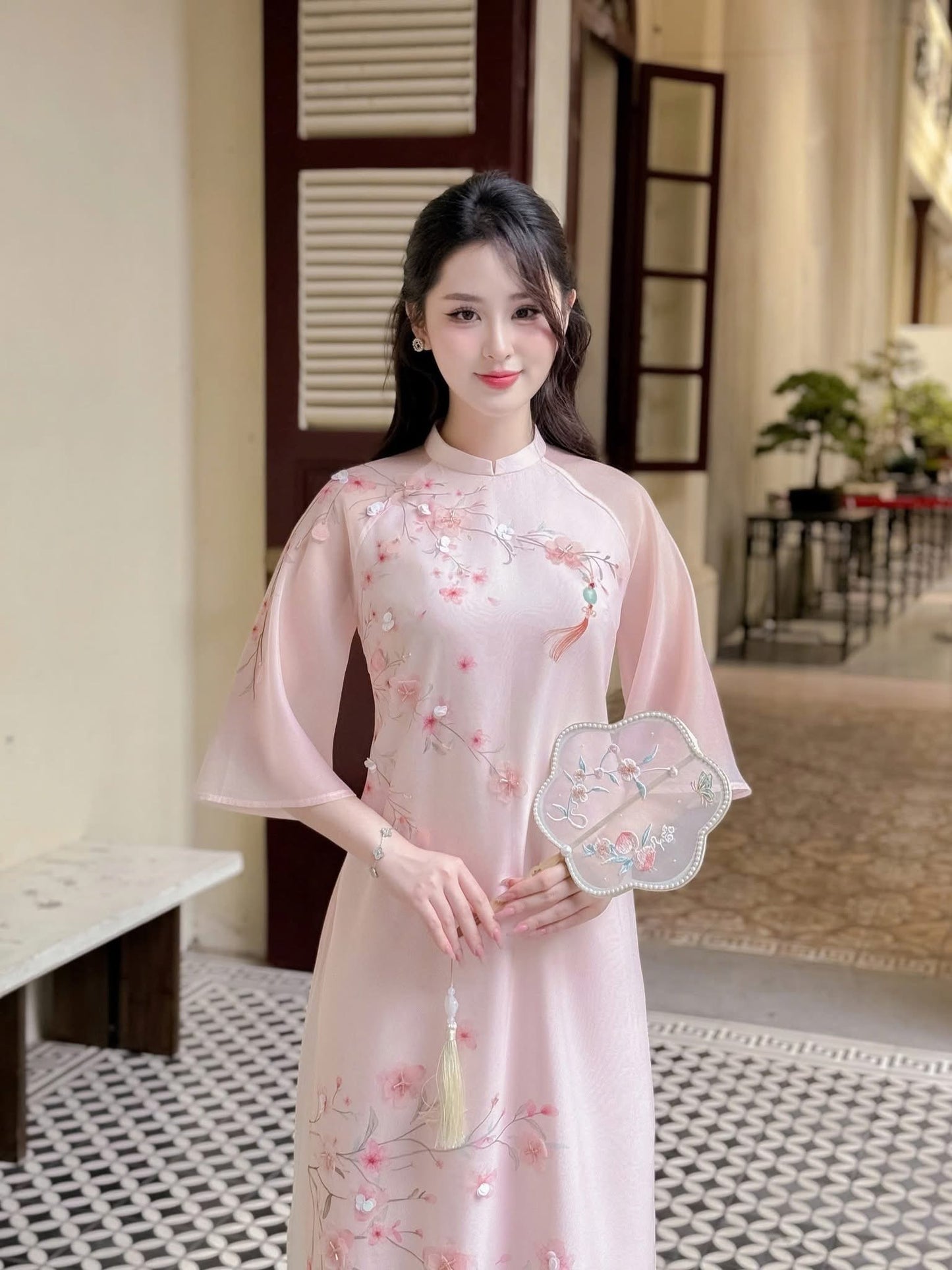 Pink   flowers Ao Dai| Pre-made Vietnamese Dress for Lunar New Year Ao Dai Viet Nam|Ao Dai Cach Tan with Pants Q23