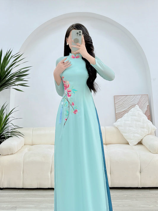 Blue Embroidery flowers silk double layers ao dai P03