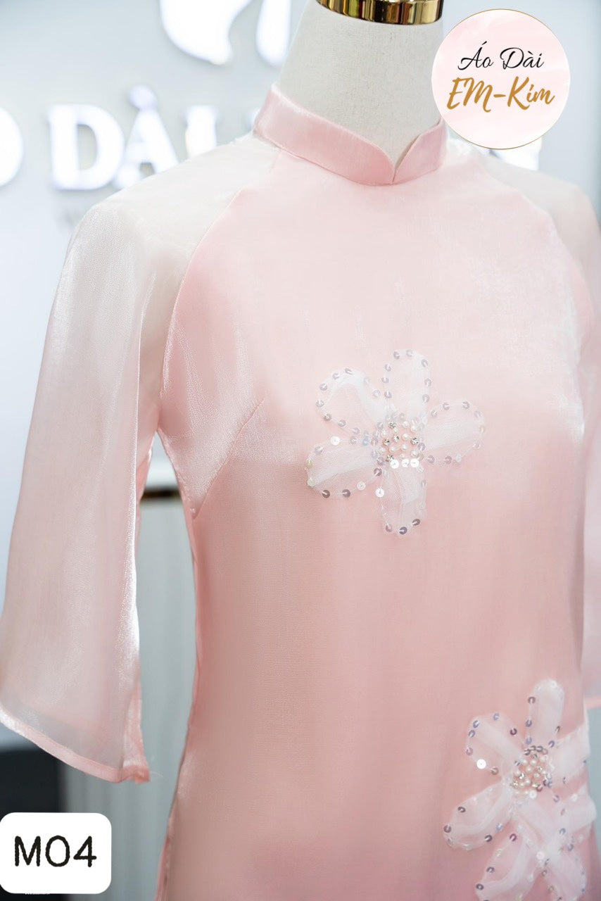 Pink silk design Ao Dai with flowers |M04
