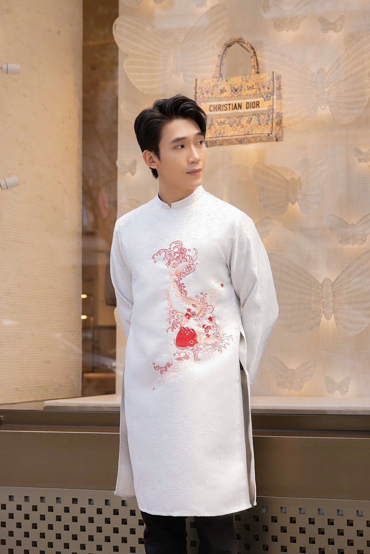 White Ao Dai Men|  Embroidery Ao Dai for mens(No pants included) |Lunar New Year | Vietnamese traditional ADN41