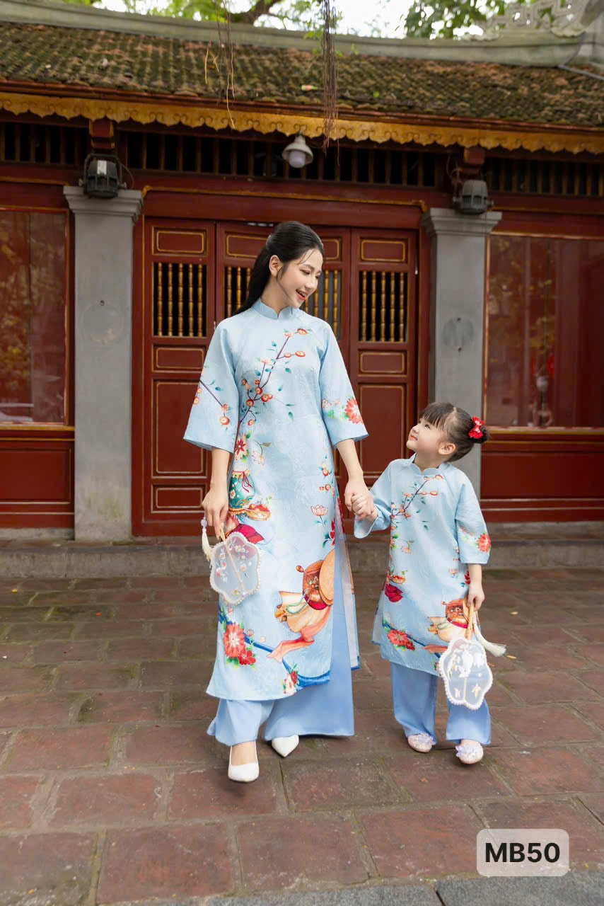 BLue  Mommy and me matching ao dai set for women and girl| Ao Dai Me va Be modern silk organza| | Lunar New Year| MB50