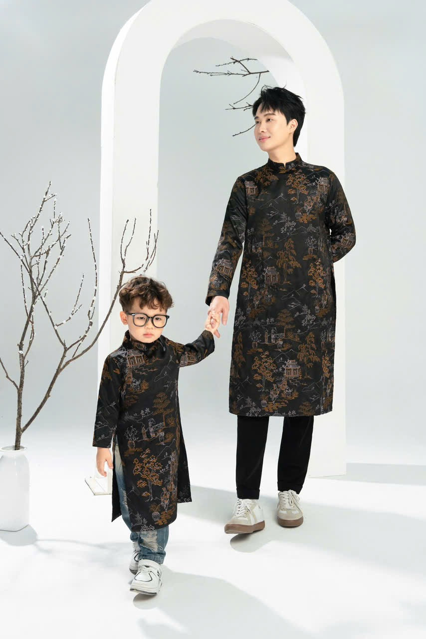 Black Embroidery Dad and Boy Ao dai  NO PANTS| Ao Dai Kids| Pre-made Traditional Vietnamese Ao Dai | Lunar New Year | Ao Dai for Boy |ADN19