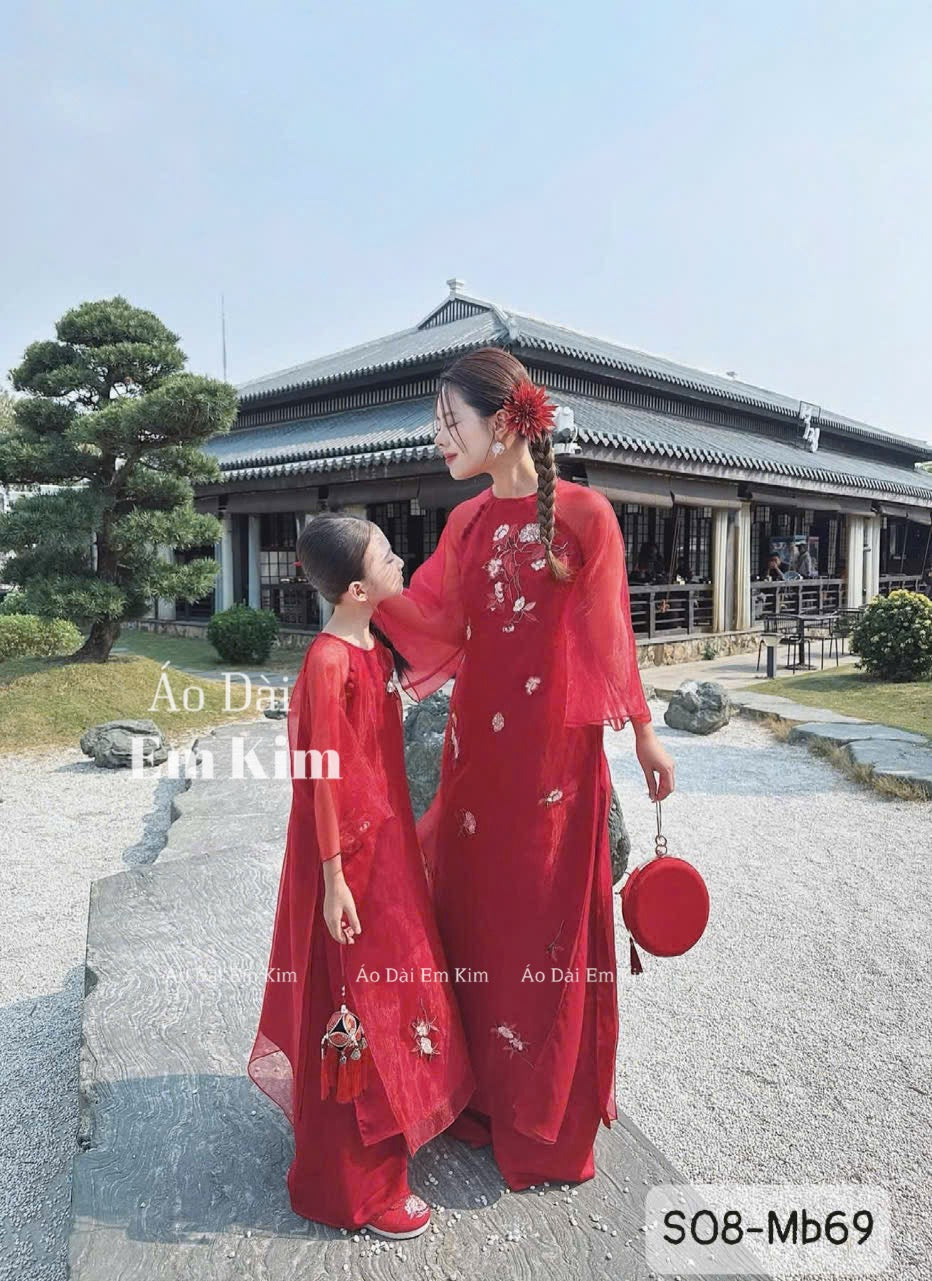 Ao dai Red embroidery Mommy and me matching| Ao Dai Me va Be modern silk organza| | Lunar New Year| T15