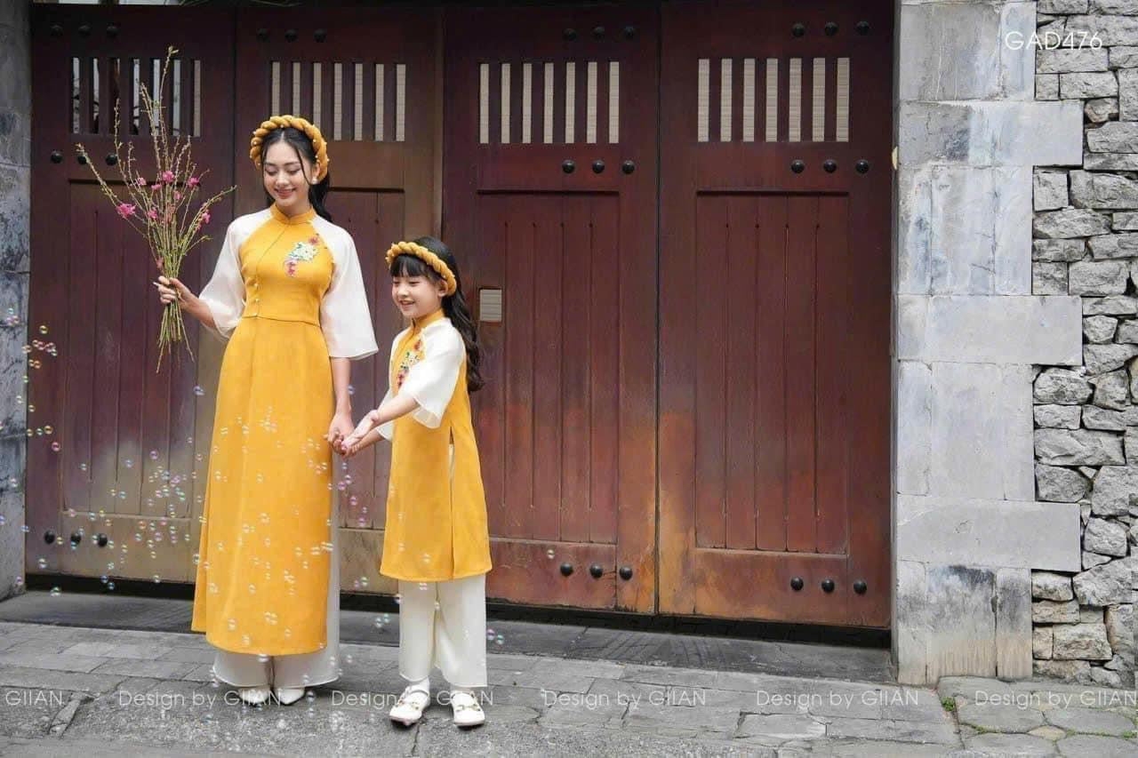Mommy and Daughter Yellow pearl Ao Dai/Pre-made Modernized Vietnamese Ao Dai| Ao Dai for Lunar New Year/Matching Ao Dai Tet |MB21