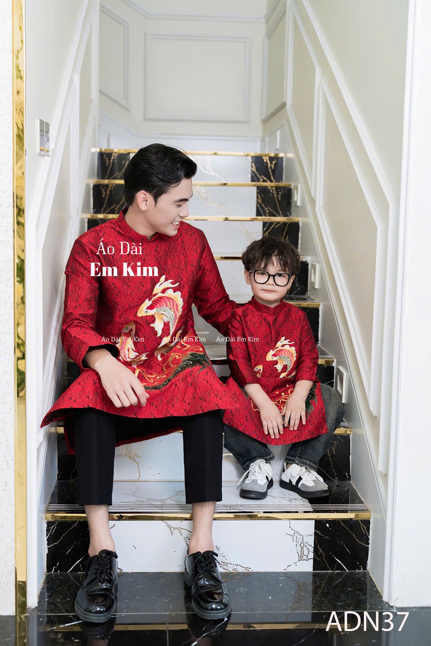 Red Embroidery Dad and Boy Ao dai  NO PANTS| Ao Dai Kids| Pre-made Traditional Vietnamese Ao Dai | Lunar New Year | Ao Dai for Boy |ADN37