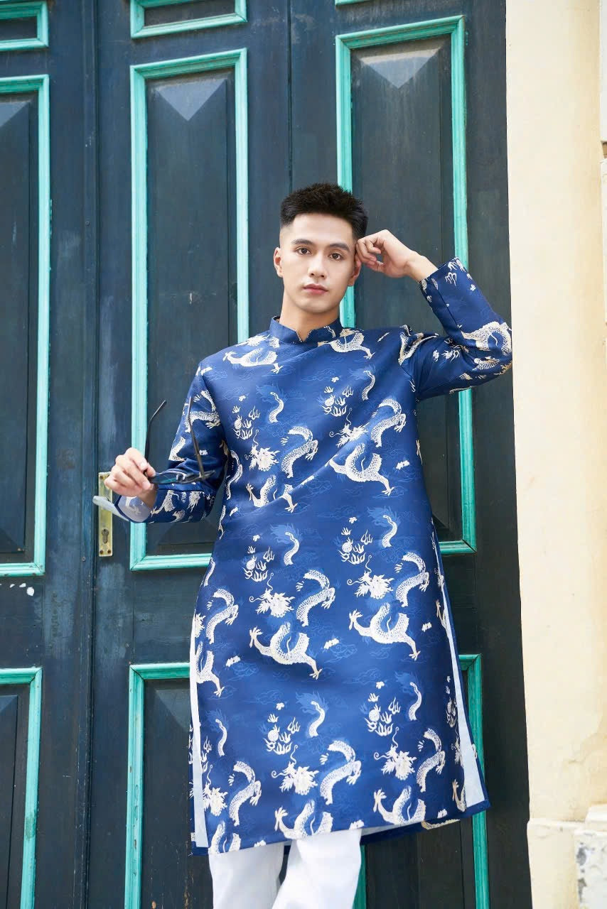 Ao Dai Men|Blue Dragon embroidery ao dai for men tapta(No pants included) Lunar New Year | Vietnamese traditional   ADN21