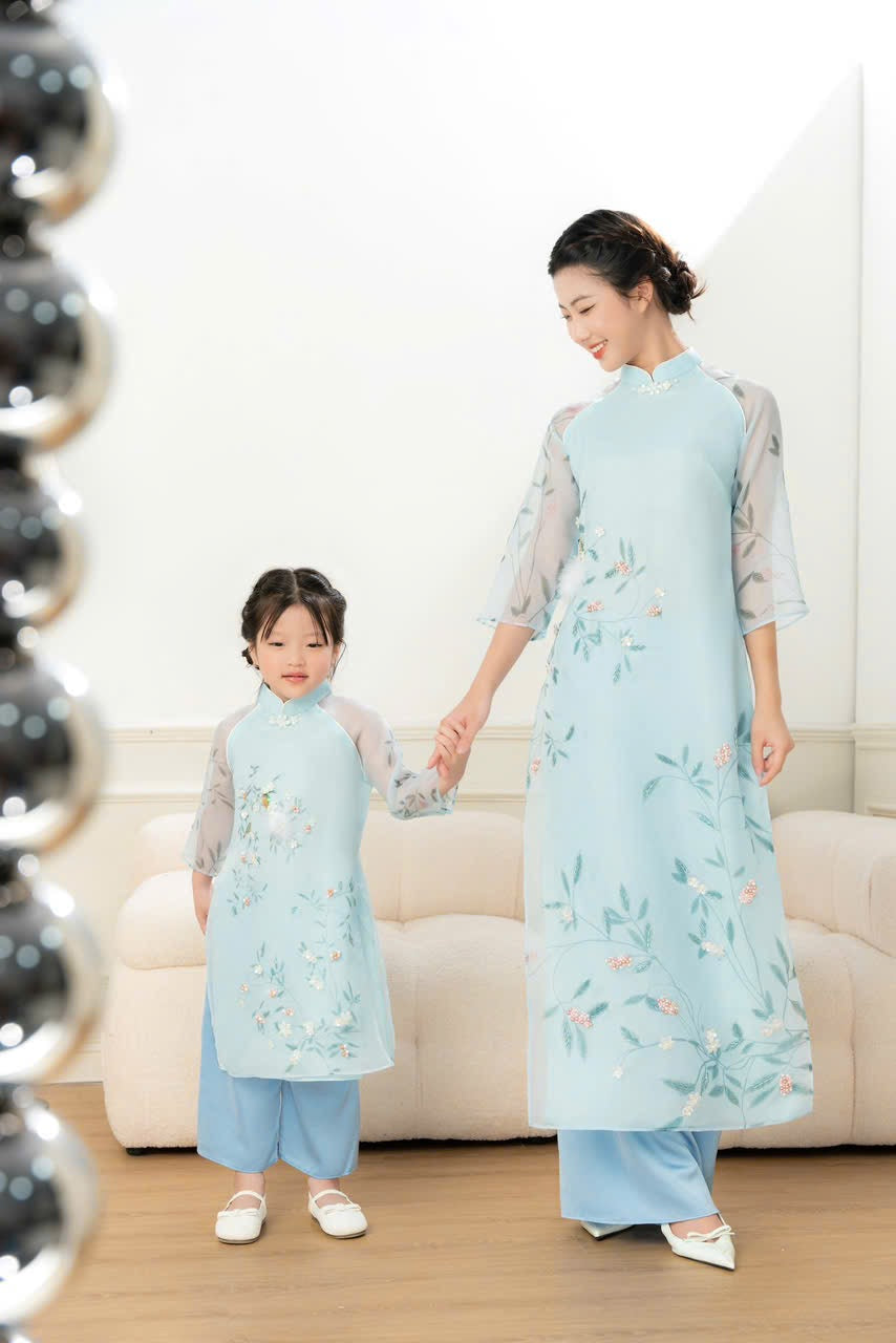 Blue Mommy and me matching ao dai set for women and girl| Ao Dai Me va Be modern silk organza| | Lunar New Year| MB53