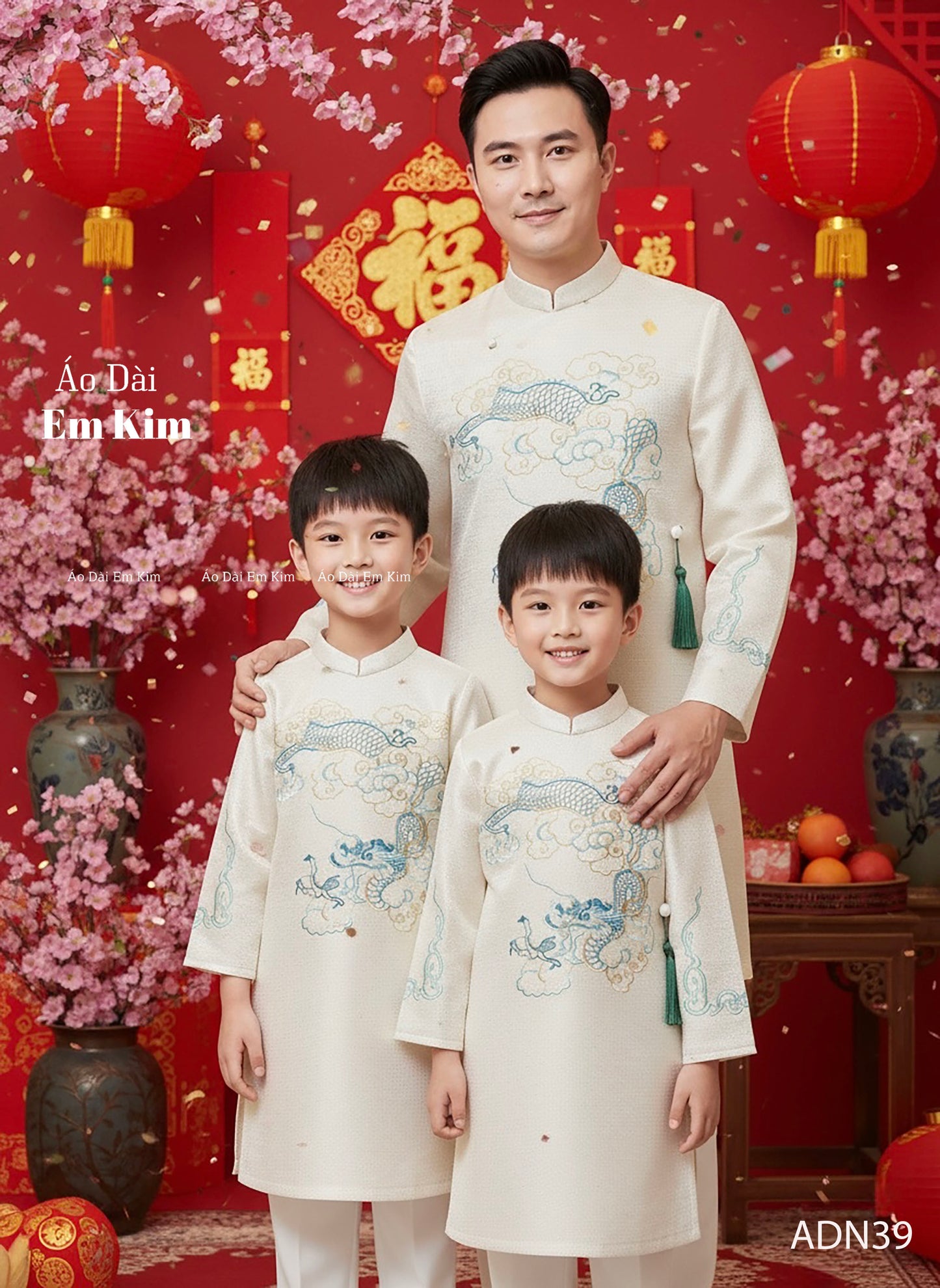 White Dragon  TH Embroidery Dad and Boy Ao dai  NO PANTS| Ao Dai Kids| Pre-made Traditional Vietnamese Ao Dai | Lunar New Year | Ao Dai for Boy |ADN39