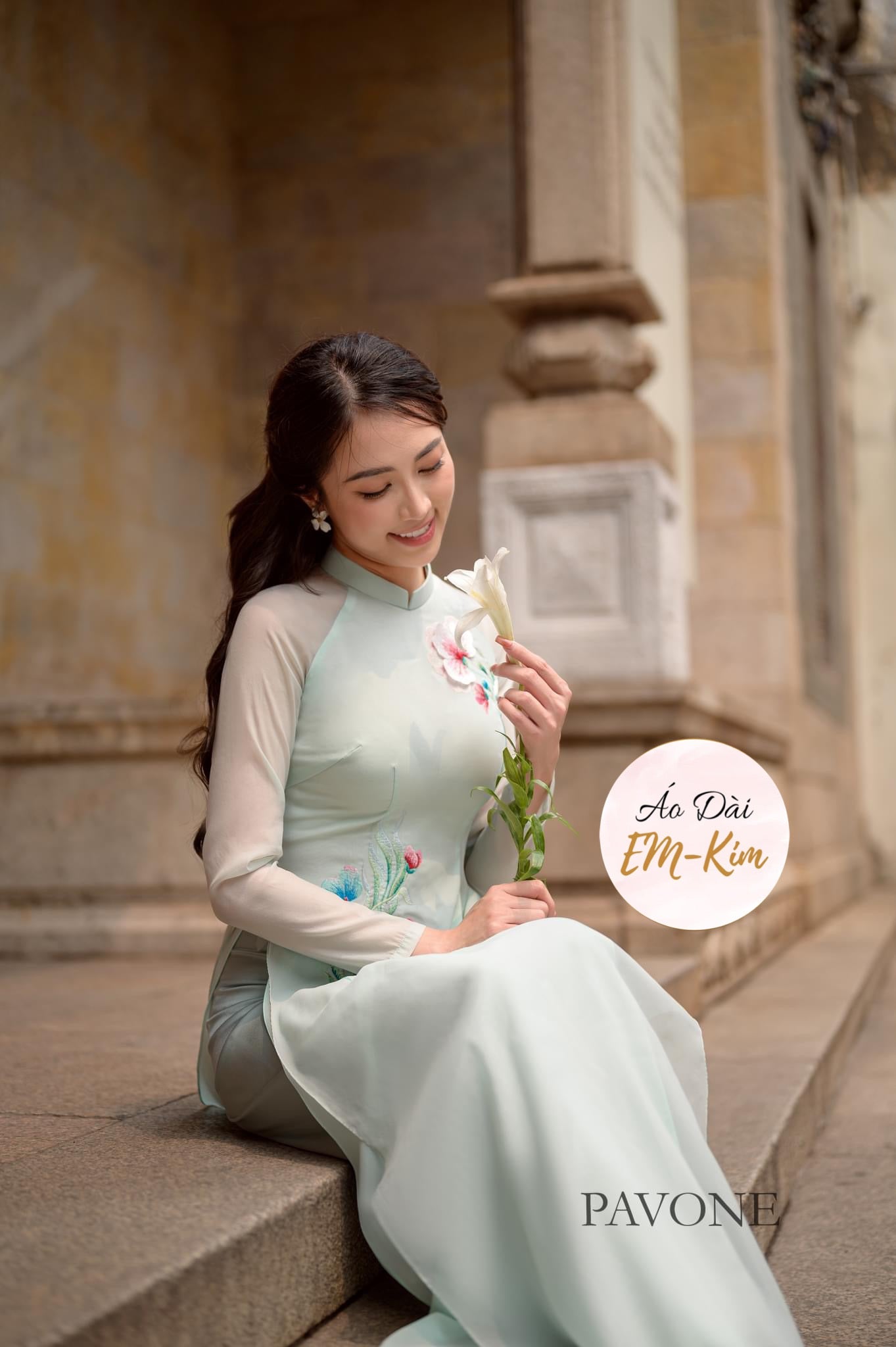 Mint embroidery flowers  modern Ao Dai M37