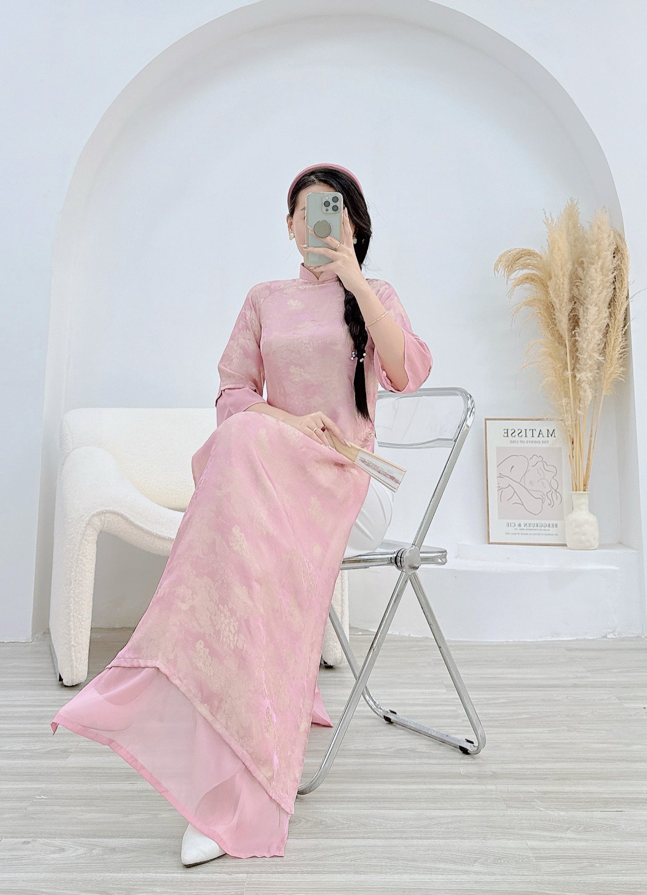 Pink/Blue Ao Dai  Modern design print silk P01