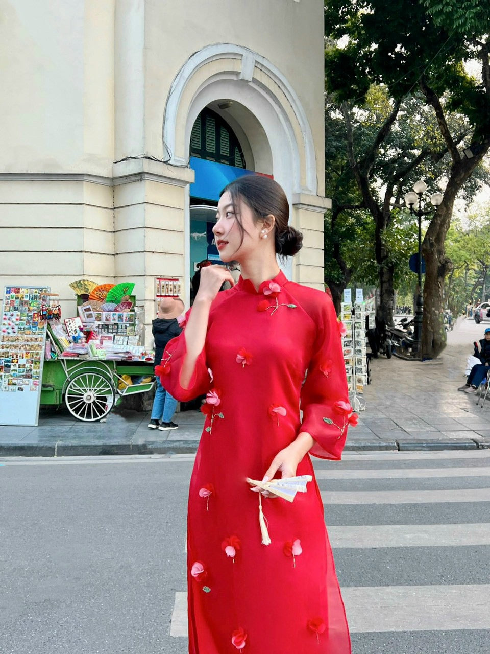 Red flowers Ao dai sets  with red pants |G34